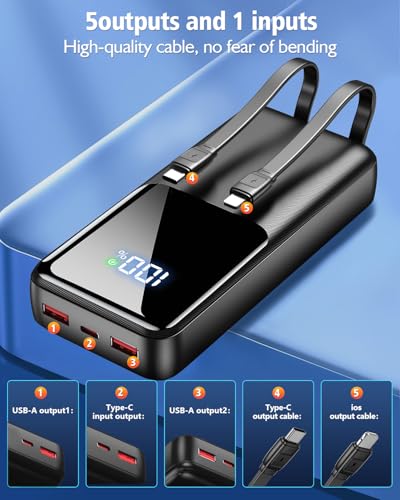 Portable Charger Power Bank - 15000mAh Fast Charging Powerbank Travel Camping Essential Battery Pack with Built in 22.5W Output Cable Compatible with iPhone 17 16 15 14 13 Samsung Google iPad, 1 Pack