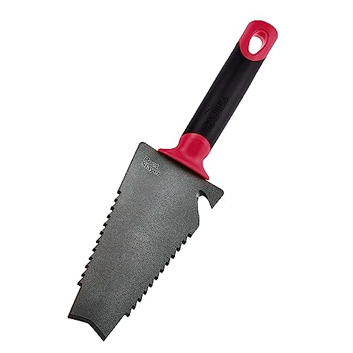 Root Slayer 16011 Garden Trowel with Serrated Blade for Digging and Root Cutting, Heavy Duty Steel Hand Tool, Red