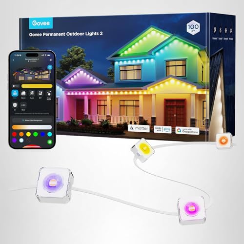 Govee Permanent Outdoor Lights 2, 100ft RGBIC Outdoor Lights with 72 LED Lights, IP67 Waterproof, 100 Scene Modes with 40lm White for Outdoor Decorations, Works with Alexa, Google Assistant, White
