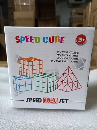 ROXENDA Speed Cube Set, 2X2 3X3 4X4 Pyramid Cube Stickerless with Instruction [4 Pack] (Carbon Fiber Cube Set)