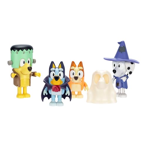 Bluey Figure 4-Packs, Halloween, 2.5 Inch Poseable Figures of Bluey, Bingo, Chloe and Lucky Dressed In Halloween Costumes, With Accessories