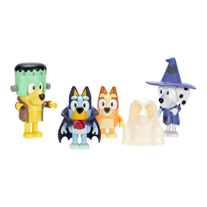 Bluey Figure 4-Packs, Halloween, 2.5 Inch Poseable Figures of Bluey, Bingo, Chloe and Lucky Dressed In Halloween Costumes, With Accessories