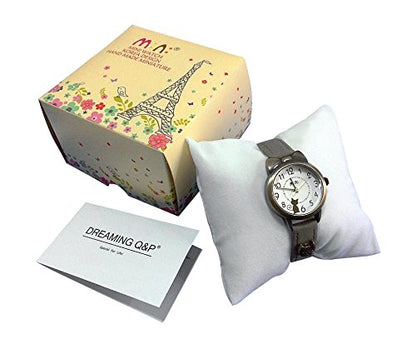 DREAMING Q&P Fq-234 Brown Leather Strap Bowknot Kitty Design Students Girls Woman Quartz Wrist Watches