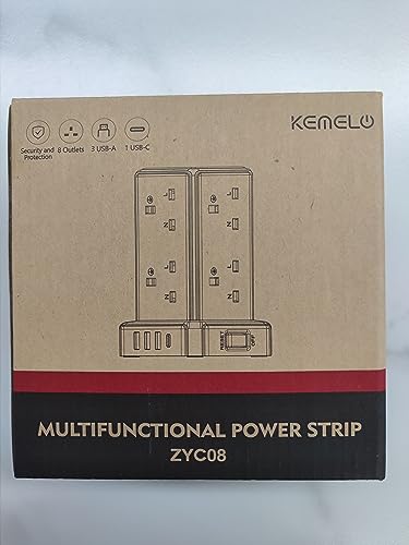 Kemelo Tower Extension Lead with 8 Way Multi Plug & 4 USB Ports (13A 3250W), Mini Power Strip with Switch, 2M Extension Cable Surge Protection for Home, Kitchen, Office