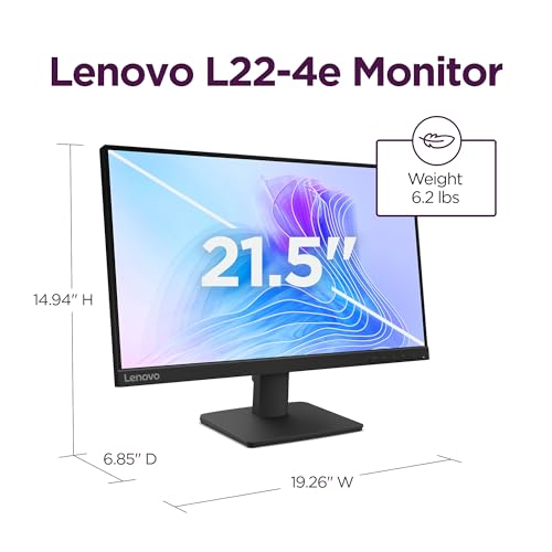 Lenovo L22e-40 Monitor, 21.45” FullHD Resolution, 250 nits Brightness, 75Hz Refresh Rate, AMD FreeSync, HDMI and VGA Ports, Tilt-Adjustable Stand, Natural Low Blue Light, Cloud Grey