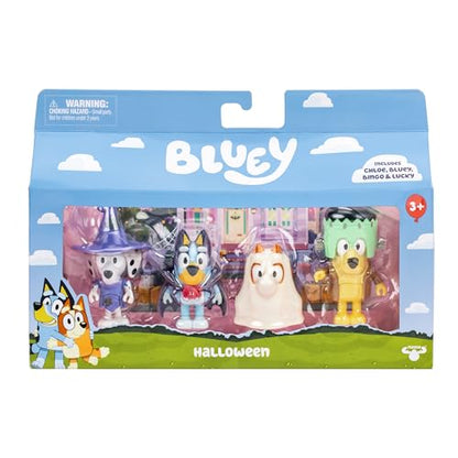 Bluey Figure 4-Packs, Halloween, 2.5 Inch Poseable Figures of Bluey, Bingo, Chloe and Lucky Dressed In Halloween Costumes, With Accessories