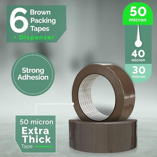 brackit Packing Tape with Dispenser, Brown 48mm x 66m, Pack of 6 Rolls – Strong Heavy Duty Packing Tape for Regular Use or Moving – Easily Seals Your Parcels and Boxes - Packaging Tape Dispenser
