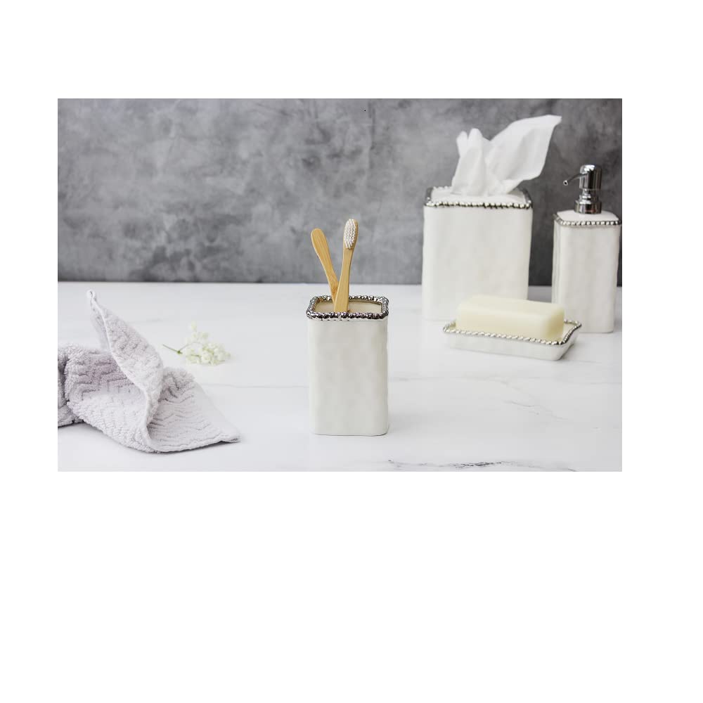 Pampa Bay VAN2718W Toothbrush Holder with Silver Beads, 4.5-inch Height, Porcelain