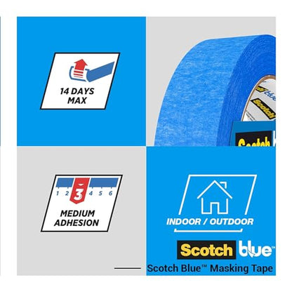 ScotchBlue Multi-Surface Premium Masking Tape, 36 mm x 41 m, 4 Rolls/Case - Scotch Adhesive Blue Painters Tape, For Painting and Decorating, Indoor & Outdoor, Sticks Well, 70% PEFC