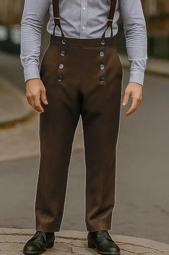 ThePirateDressing Steampunk Victorian Cosplay Architect Men’s Pants – High-Waist Gothic Trousers for Halloween, Renaissance, Tussar Poly-Viscose Fabric – Suspenders Ready C1328-Espresso-X-Large