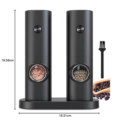 COKUNST Electric Pepper and Salt Grinder Set, Battery Powered Adjustable 5 Levels of Coarseness Black Pepper Mills with Stand, Automatic Grinding with LED Light for BBQ Resturant Kitchen