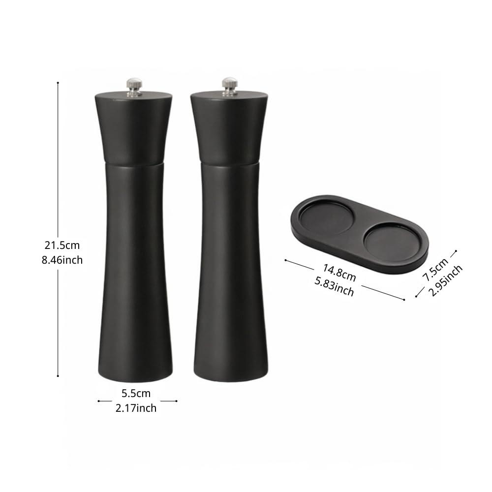 Black Salt and Pepper Mill Set with Stand, 8.5 inch, Matte Black Grinders, Adjustable Ceramic Mechanism