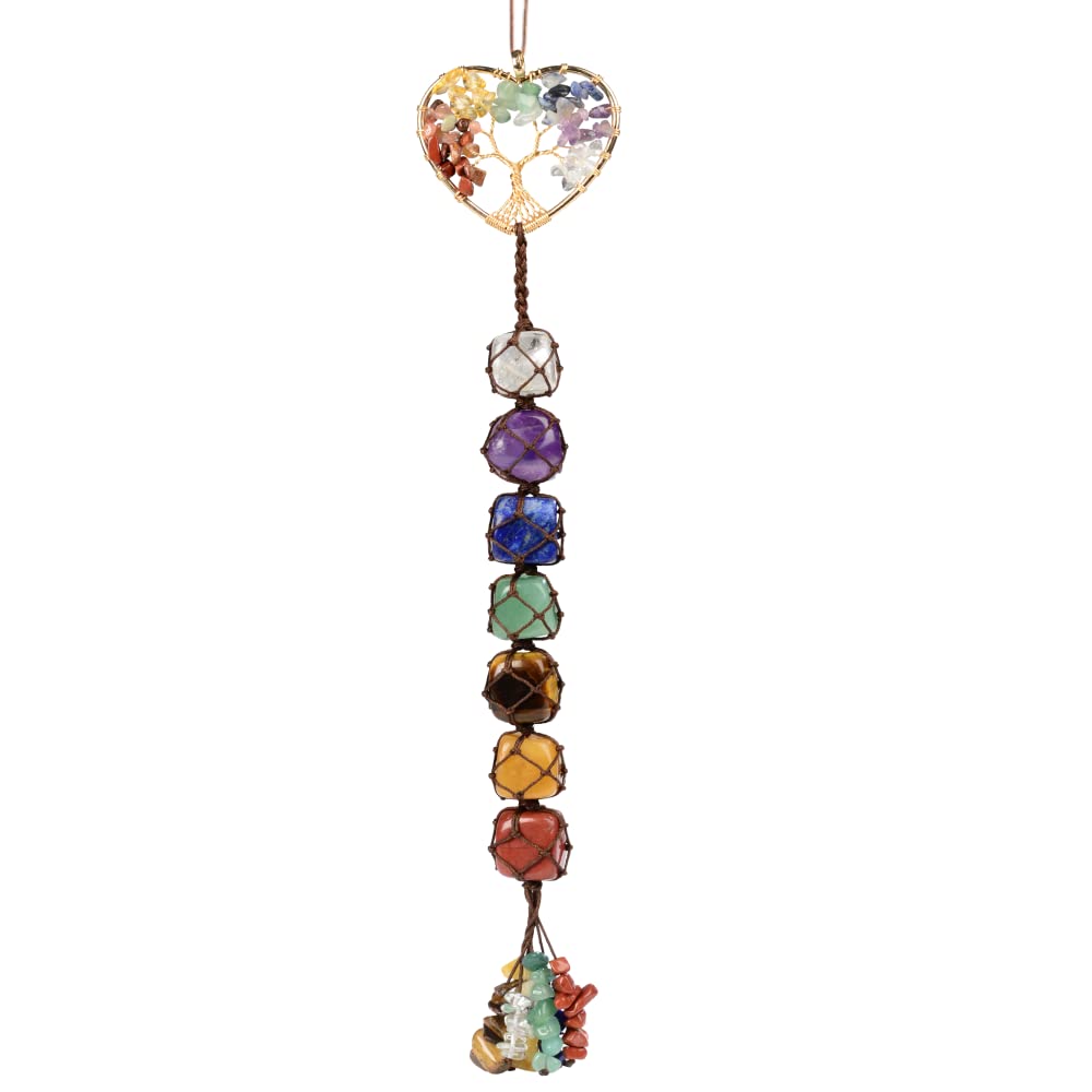 Cute Handmade Crystal Chakra Swinging Hanging Ornaments Mirror Hanging Car Accessories Tree of Life Stone Tree Feng Shui Window Ornament for Home Decor