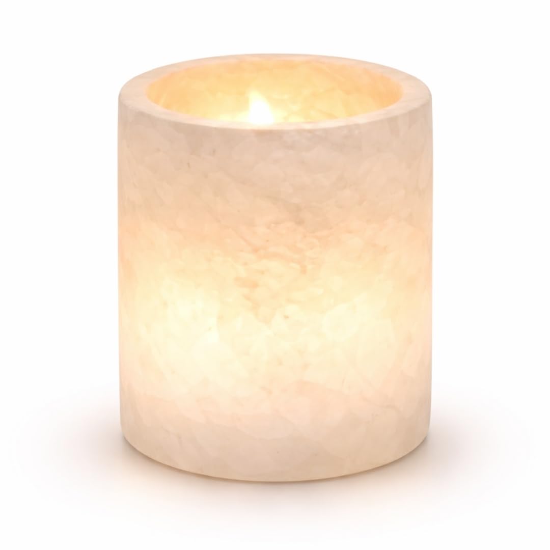 Single White Alabaster Candle Holder - Egyptian Tealight and Votive Candles Holders with Amber Glow for Home Décor - Natural Stone Soothing Tranquil