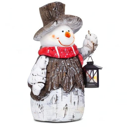 Mark Feldstein & Associates Woodsy Snowman with Lantern LED Light Up 17 Inch Resin Stone Door Greeter Figurine