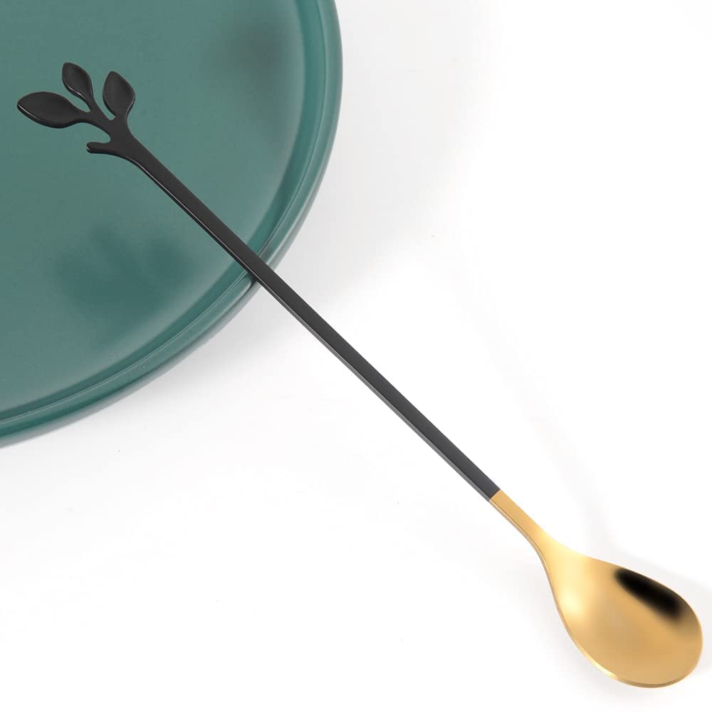 AnSaw 6-Piece Elegant Black & Gold Leaf Long Handle Teaspoons - 7.4"