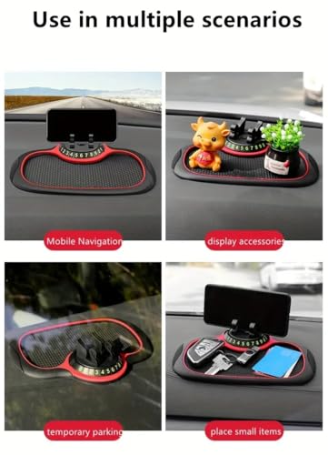 Multi-Functional Car Dashboard Mat with 360° Rotating Phone Holder | Anti-Slip Silicone Pad | Universal Swan Bracket for All Devices,Red.