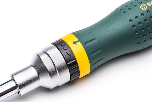 SATA ST09350 19-in-1 Multipurpose Ratcheting Screwdriver Set with 8 Double-Sided Bits and a Green and Yellow Oil-Resistant Handle