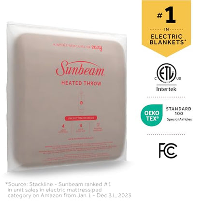 Sunbeam Electric Throw Royal Mink Sherpa Heated Blanket, 4 Heat Settings, 4-Hour Auto Shut-Off, Fast Heating, Luxurious and Ultra Comfy, Night Fog Color, 50" x 60"