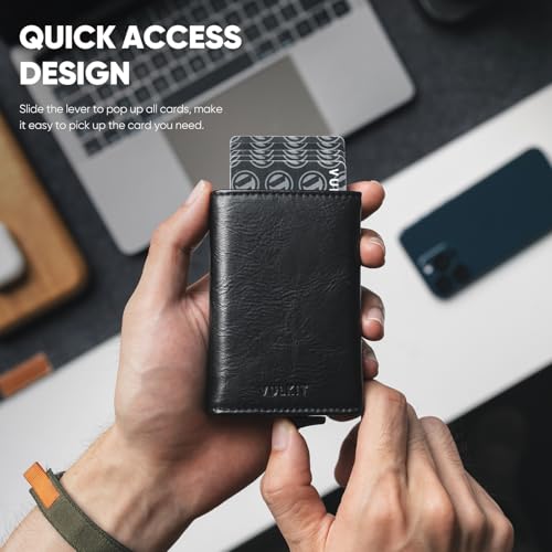 VULKIT Credit Card Holder RFID Blocking Leather Bifold Mens Wallet Automatic Pop Up with Banknote Compartment (Origin Black)