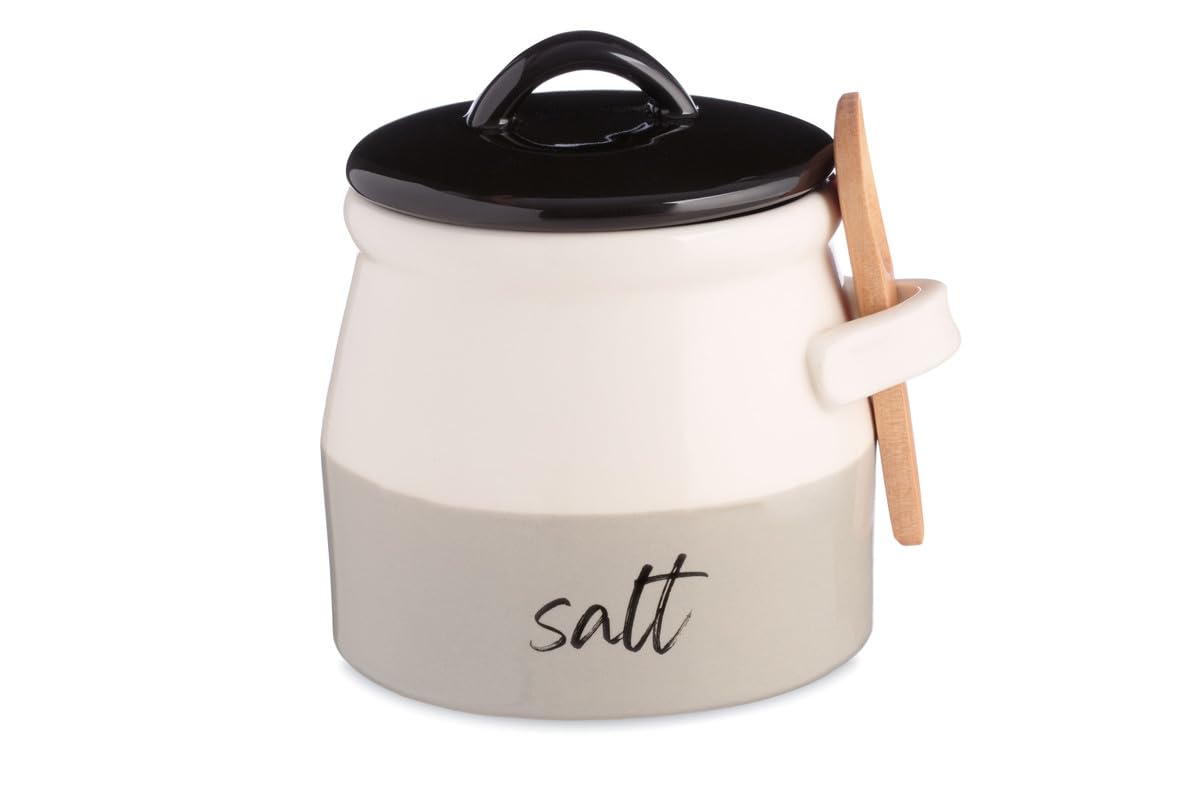 Keika Collective Salt Cellar with Lid and Spoon 10 oz - Handmade Ceramic Salt Keeper with 1.75 inch Lid and 3 inch Bamboo Spoon - Stylish Salt Container for Kitchen Decor