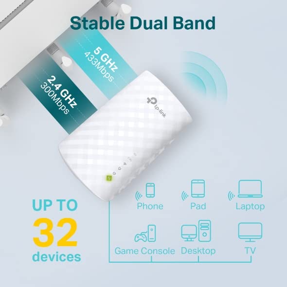 TP-Link RE220 WiFi Extender Booster, Dual-Band AC750 Mbps Range Extender Repeater with Ethernet Port, Connect Wired Devices, Works as a Wireless Adapter, Connect up to 32 Devices,Simple Two-Step Setup