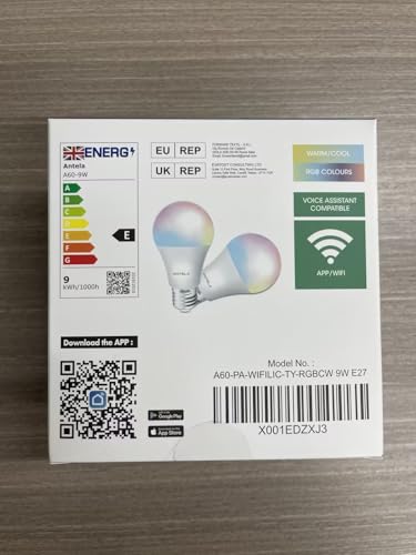 ANTELA Smart Bulb E27 Alexa WiFi Light Bulbs, 9W 1000LM LED Screw Bulb 2700K-6500K RGB Multicolored Dimmable, Smart Life App Control, Compatible with Alexa, Google Home, No Hub Required, 2 Packs