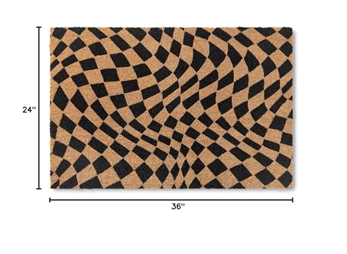TOWN & COUNTRY TERRA Emmett Groovy Checkerboard Door Mat, Natural Coir, Heavyweight, Non-Slip Entryway Mat, Black, 24"x36"
