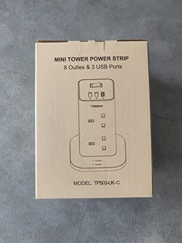 Tower Extension Lead with USB C Slots, TESSAN 8 Way Plug Extension Socket with Switch, Surge Protected Power Strip with 2M Cable for Home, School Supplies