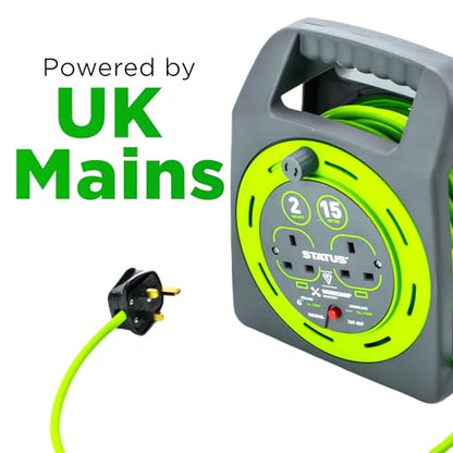 STATUS 2 Socket Cable Reel | 15m Green Extension Lead | 13A with Thermal Cut Out | Heavy Duty Outdoor Extension Lead | S15M2SHBCR1PK2