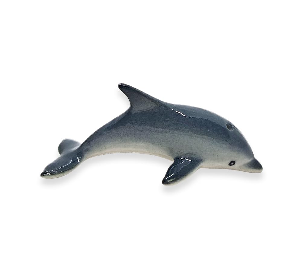 WitnyStore Tiny 1¼" Blue Gray Curved Dolphin Figurine - Miniature Hand Made Ceramic Dolphins Porpoises Whales Marine Mammal Aquatic Sea Animals Fish Porcelain Decorative Collectible Figure Décor Gifts