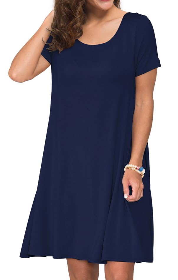 REGAI Women's Summer Casual Short Sleeve Crew Neck T Shirt Dresses Loose Swing with Pockets, NavyBlue, XL