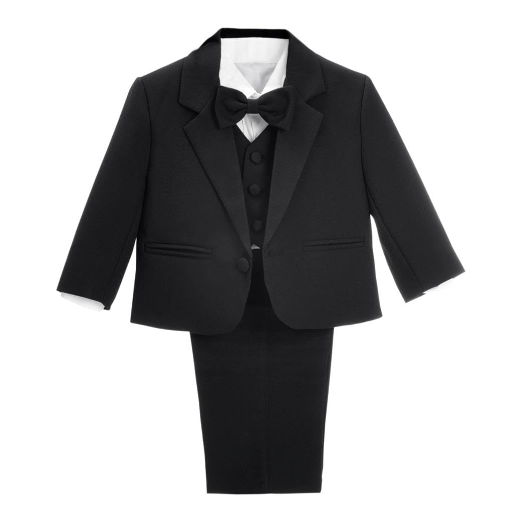Lito Angels Baby Boy Formal Dress Suit Wedding Outfit Wear, 5 Pieces Set (Blazer, Shirt, Waistcoat, Trousers, Bow Tie) Age 12-18 Months, Black, 057 (Tag Number 01)