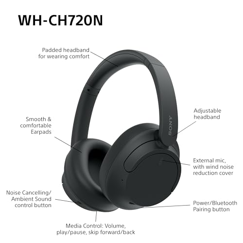 Sony WH-CH720N Wireless Bluetooth Noise Cancelling Over-Ear Headphones, Ambient Sound Mode, Lightweight Design, up to 35 hr battery life, iOS & Android - Black