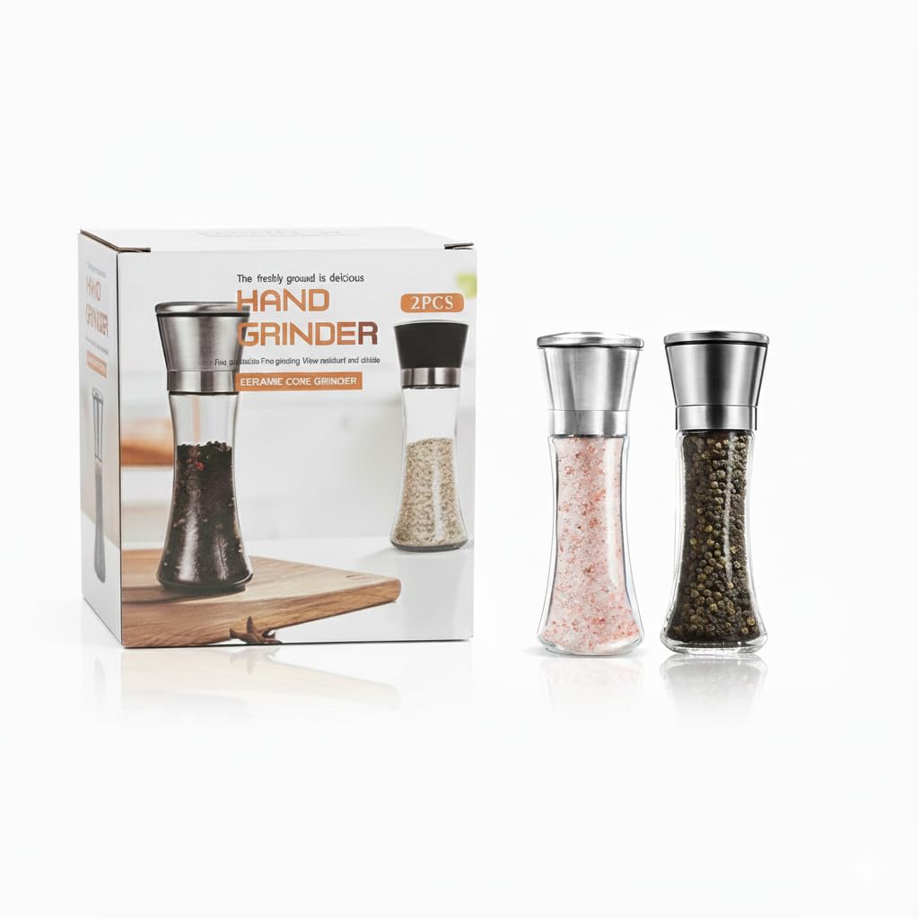 Salt and Pepper Grinder Set of 2 – Refillable Salt Grinder & Pepper Grinder Manual, Adjustable Ceramic Grinder, Glass Pepper Mill Grinder