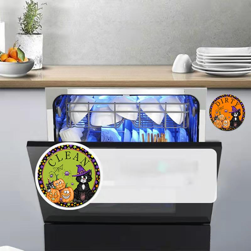 Dishwasher Magnet,Clean Dirty Sign Indicator- Double Sided Magnet with Magnetic Plate, Kitchen Dish Washer Refrigerator Reversible Indicator Haloween Cat