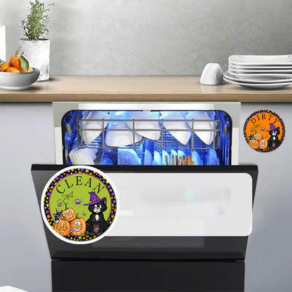 Dishwasher Magnet,Clean Dirty Sign Indicator- Double Sided Magnet with Magnetic Plate, Kitchen Dish Washer Refrigerator Reversible Indicator Haloween Cat