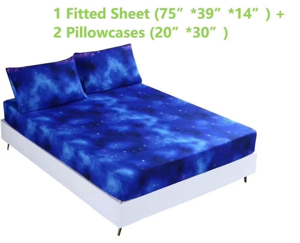 SDIII Blue Galaxy Fitted Sheet Twin with 2 Pillowcases, Soft Microfiber Deep Pocket Galaxy Sheet Twin for Boys Girls Kids and Teens