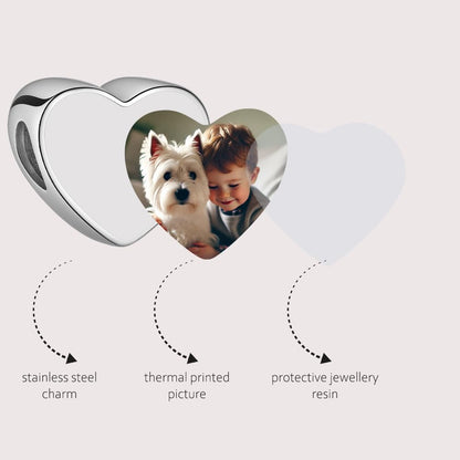 2Burned UK Personalised Love Heart Photo Charm Bead – Custom Picture Steel Jewellery – Fits European Style Charm Bracelets – Unique Gift for Mum, Wife, Girlfriend, Baby Scan Keepsake