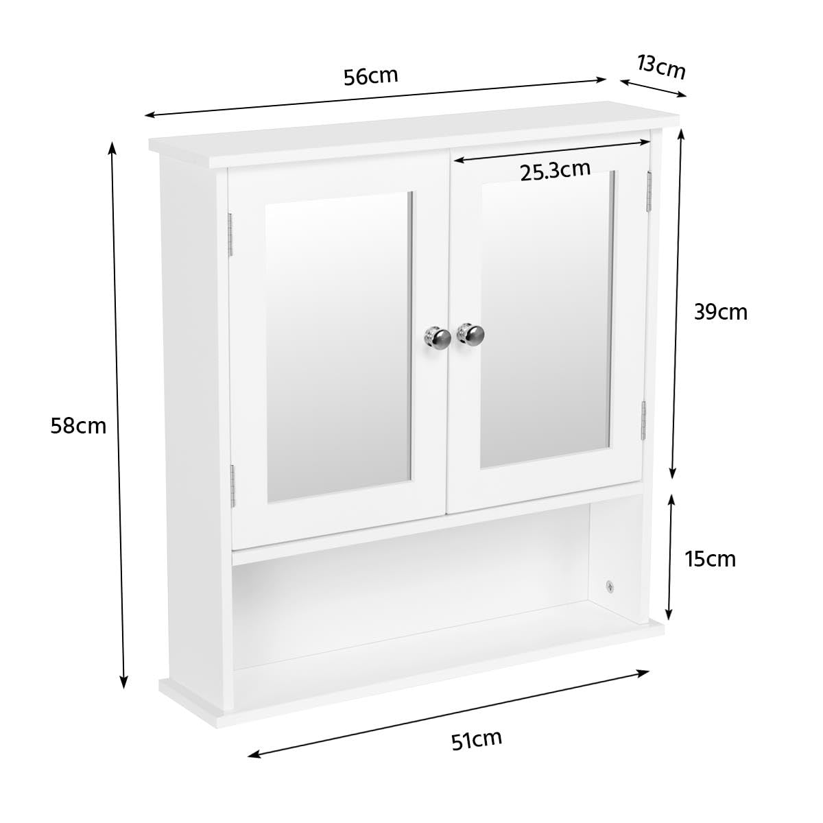 Yaheetech Modern Bathroom Mirror Cabinets, Wall Mount Storage Cabinet with Adjustable Shelf, Double Door Cupboard, White, 56 x 13 x 58 cm