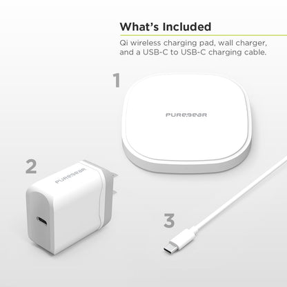 PureGear 15W Qi-Certified Fast Wireless Charging Pad for iPhone 17/17Pro/17ProMax/16/15/14/13/12, Galaxy S25 S24 S23 S22 & More Qi Enable Devices Include AC Adapter, 4Ft USBC Cable(Lifetime Coverage)