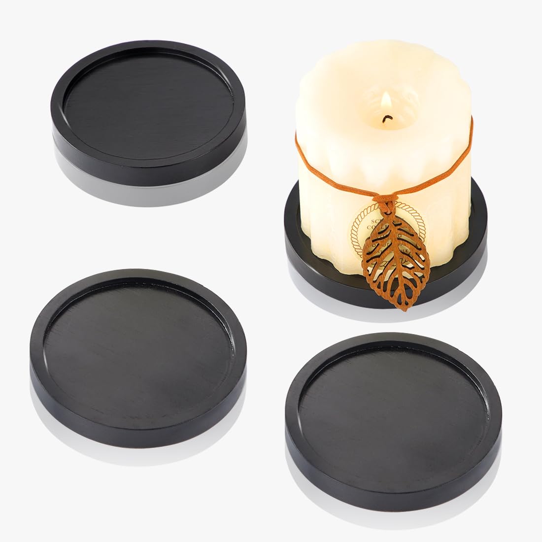 Black Wood Candle Holder - HALE OTEIR Wooden Pillar Candles Tray, Set of 4 Round Wooden Plate Pedestal Stand for Floating or Pillar Candles, Coffee Table Centerpiece for Home Decor