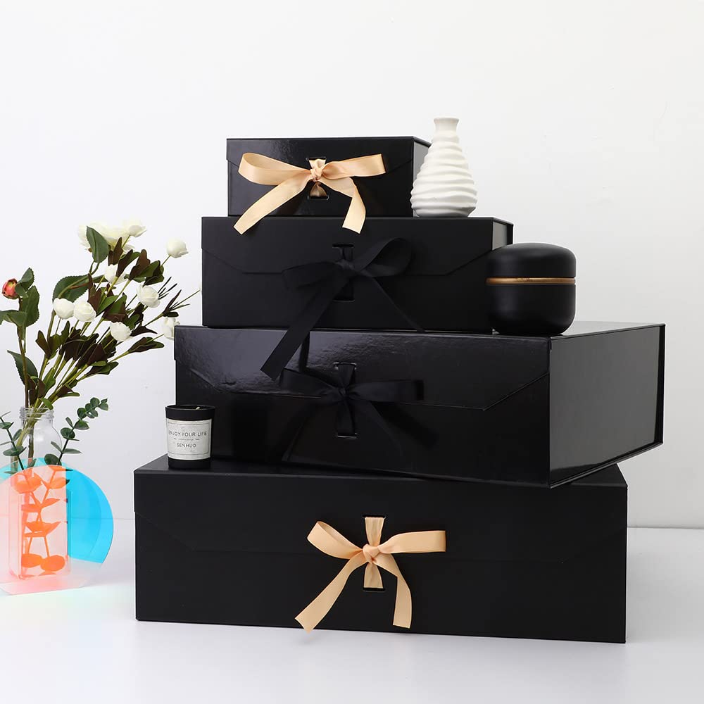Black Gift Box Large 13x11x5.3 Inches, Black Box with Ribbon with Lid Magnetic Closure, Christmas Gift Box, Gift Boxes for Present Graduation Storage (Matte Black)
