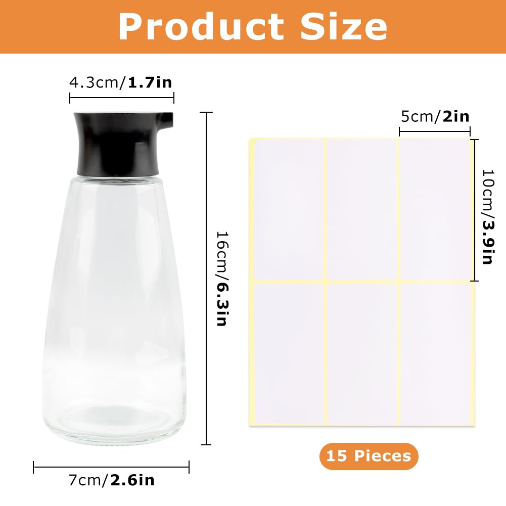 Quivorant 2pack Glass Soy Sauce Dispenser, 9.6oz Leak-Proof Clear Oil and Vinegar Bottles with Spout, Soy Sauce Containers Set with Blank Writable Labels, Cruet Dispenser for Kitchen Cooking Barbecue