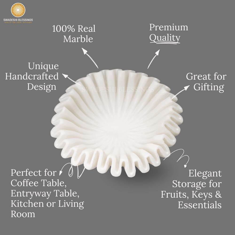 SWADESHI BLESSINGS HandCrafted Marble Ruffle Bowl, Large Decorative Bowl for Home Decor, Key Bowl for Entryway Table, Scalloped Bowls for Dining Table Centerpiece Decor, Catch All Bowls, 9"