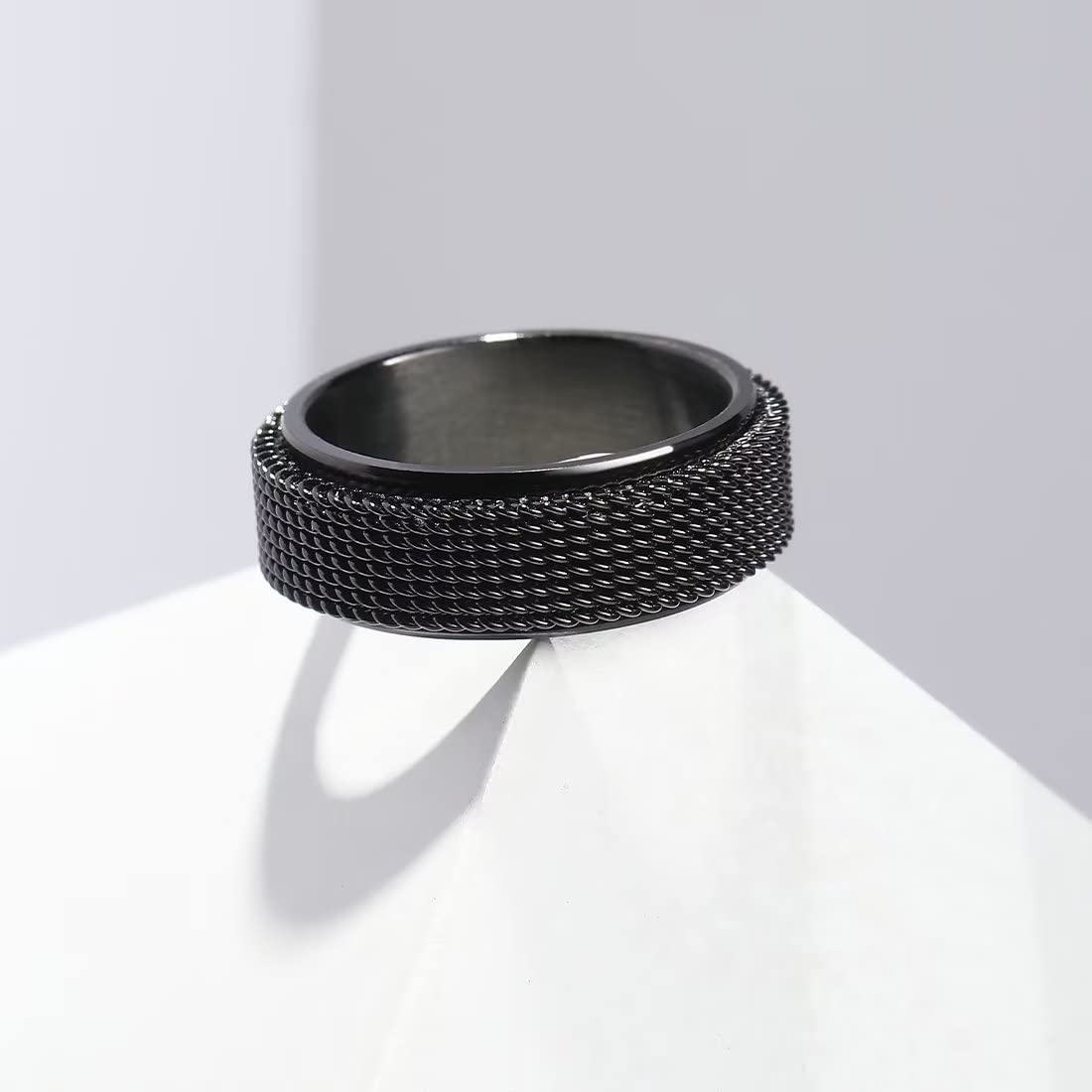 King Will Black 8mm Stainless Steel Chain Mesh Simple Plain Spinner Anxiety Ring for Women Men Wedding Band Ring Fidget Ring Mesh Chain Woven Mesh 12