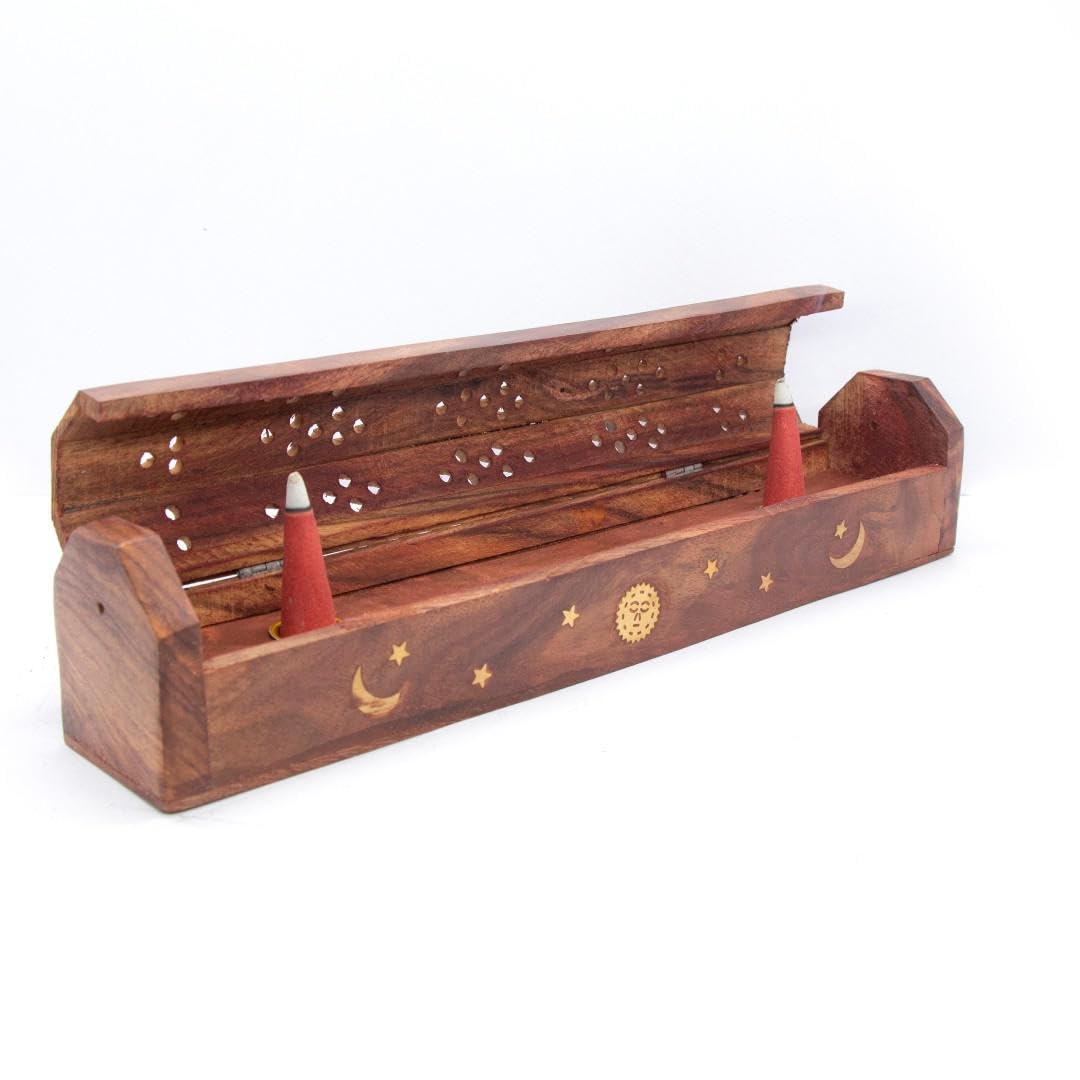 Vrinda® 2 Pack Handcrafted Wooden Incense Stick Holder with Sun and Moon Inlay - Ash Catcher for Meditation - Home Decor & Accessories, 12x2x1.5 inches