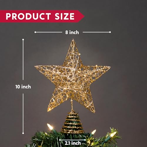 Joiedomi 8 inch Christmas Gold Glitter Star Tree Toppers Metal Lighted with 20 LED Lights for Xmas Decorations, Holiday Party Indoor Decor