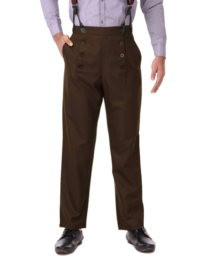 ThePirateDressing Steampunk Victorian Cosplay Architect Men’s Pants – High-Waist Gothic Trousers for Halloween, Renaissance, Tussar Poly-Viscose Fabric – Suspenders Ready C1328-Espresso-X-Large
