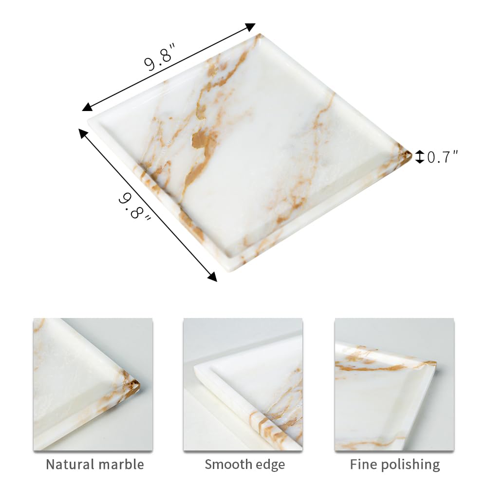 DUANYAN Natural Marble Tray for Kitchen Counter Living Room, Stone Plate for Fruit Jewelry Perfume Cosmetics Key, Decorative Tray for Table Decor (Calacatta-Glod/Square 9.8"x9.8"x0.7")